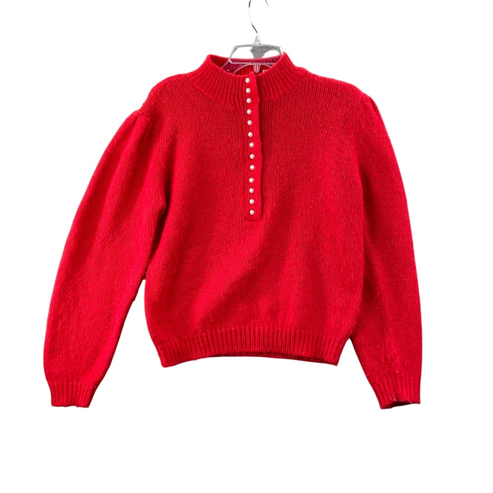 Nuggets Sweater Women Medium Red Vintage Pearl Button Mock Neck Puff Shoulder